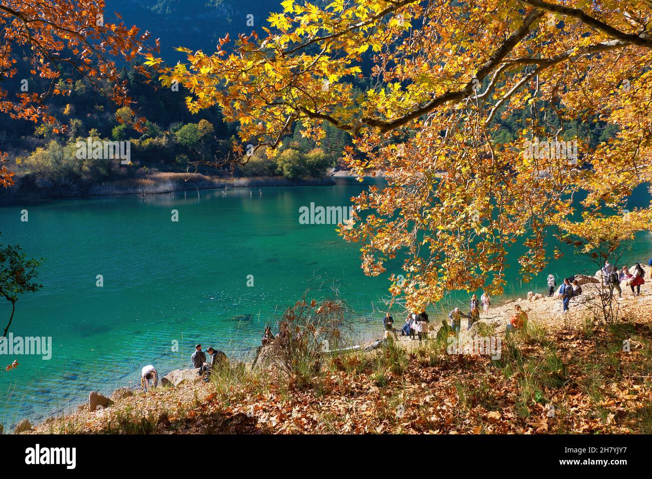 Beautiful lake in autumn with colorful tree leaves Stock Photo