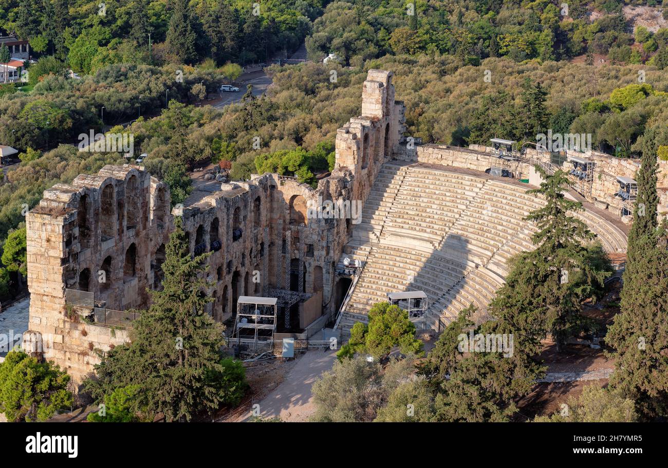 Ancient Amphitheatre Odeon on a summer day in the Acropolis of Athens, Greece Stock Photo