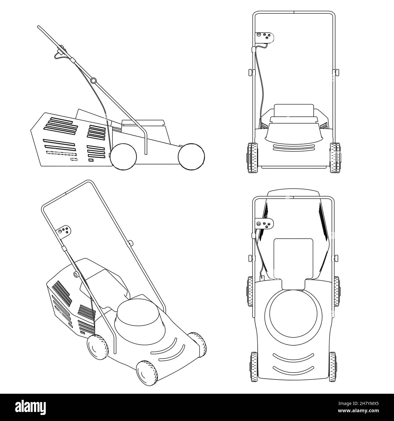 Set with contours of a lawn mower from black lines isolated on a white background. Side view, front, isometric, top. Vector illustration Stock Vector