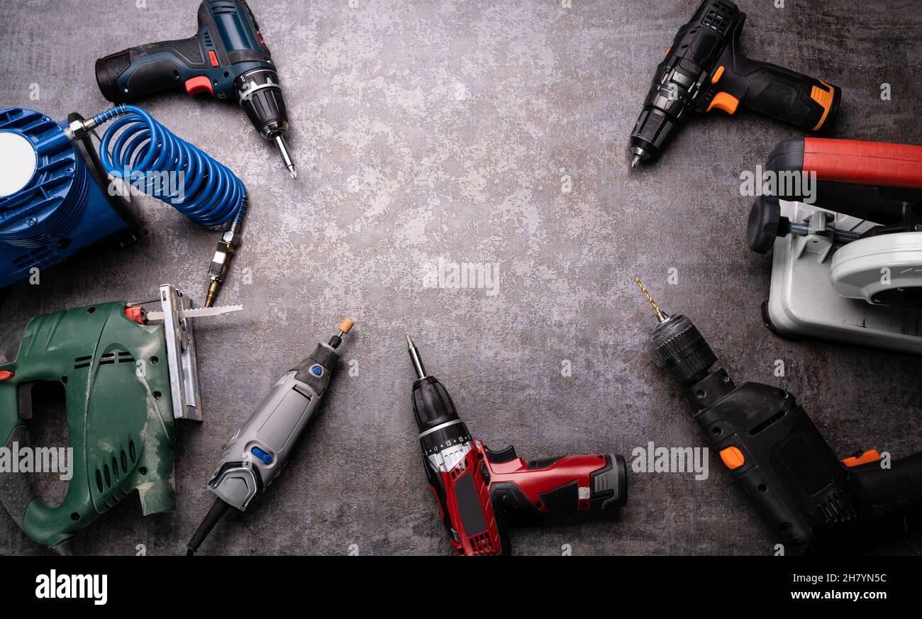 Electric Hand Power Tools In Repair Workshop Stock Photo