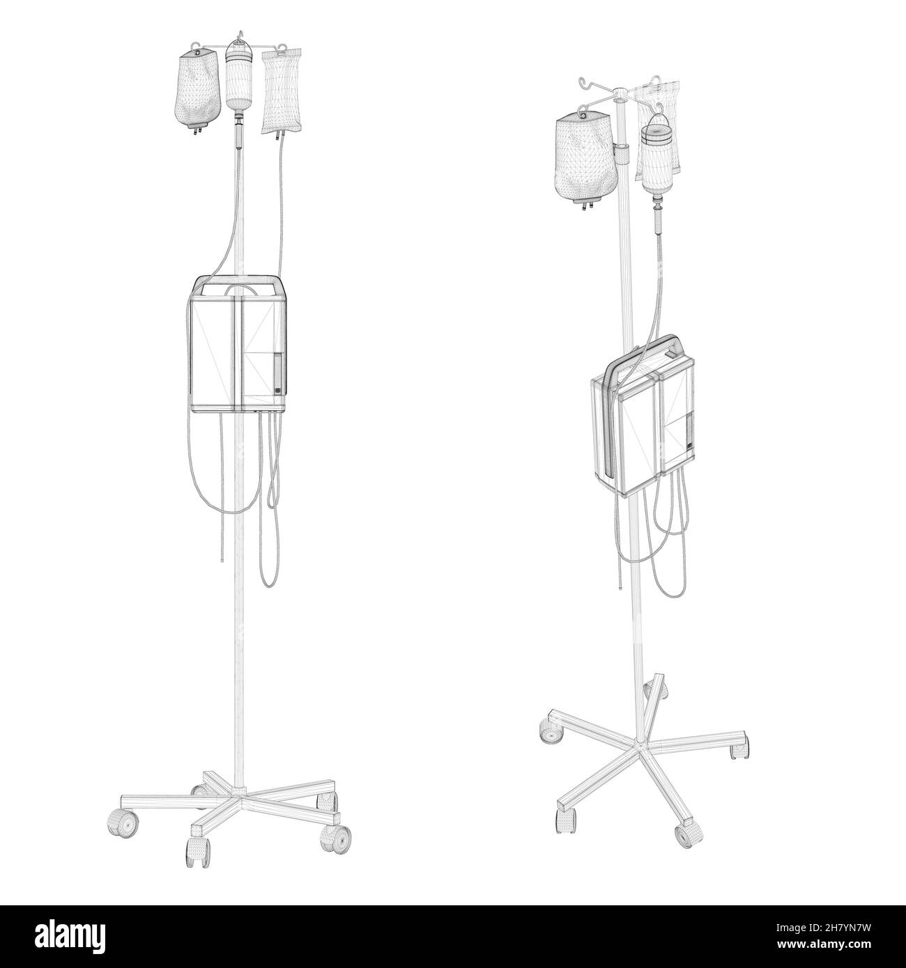 Wireframe of rack with dropper made of black lines isolated on white background. Side view, isometric. 3D. Vector illustration Stock Vector