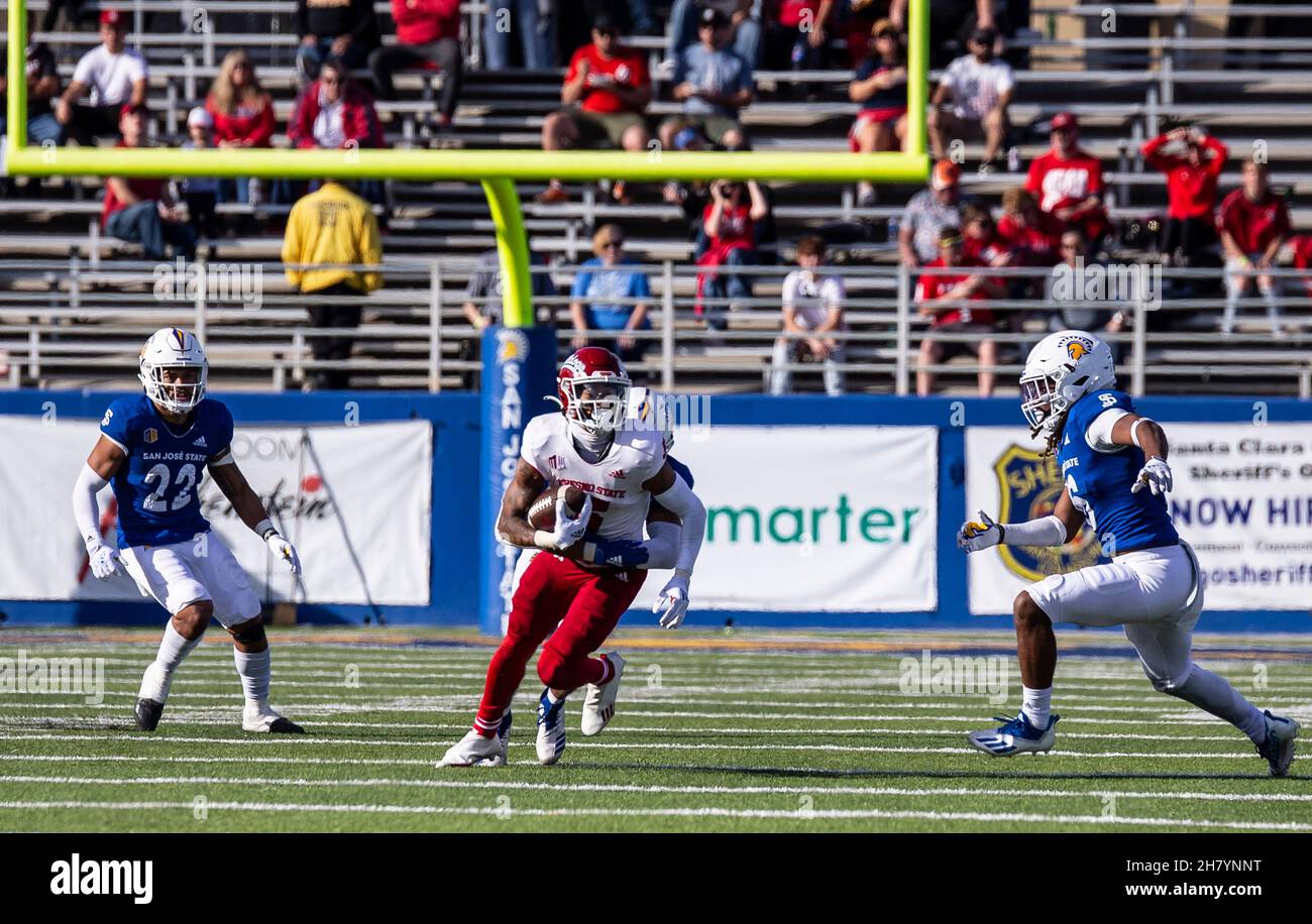 Fresno State wide receiver Jalen Cropper runs for yardage against UTEP  during the first half of the New Mexico Bowl NCAA college football game  Saturday, Dec. 18, 2021, in Albuquerque, N.M. (AP