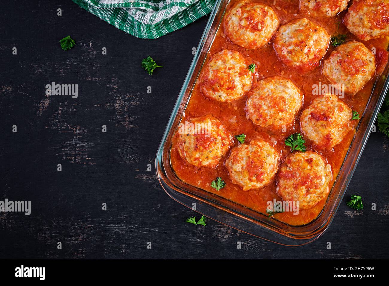 Chicken meatballs in paprika and tomato sauce. Turkey meatballs. Top