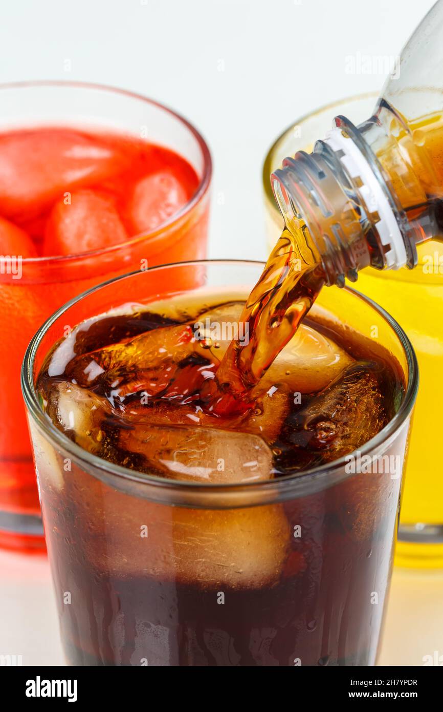 Pouring cola drink drinks lemonade softdrinks in a glass portrait format pour Stock Photo