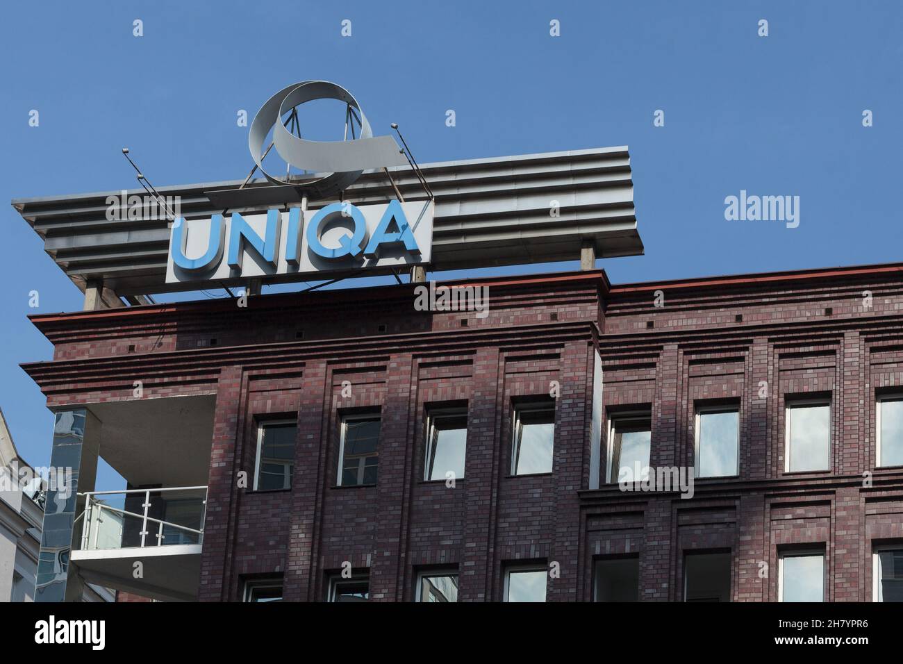Poznan, Poland 28 May 2021: Logo of UNIQA Insurance Group AG, Austrian Insurance International company, is displayed on the top of a building. Stock Photo