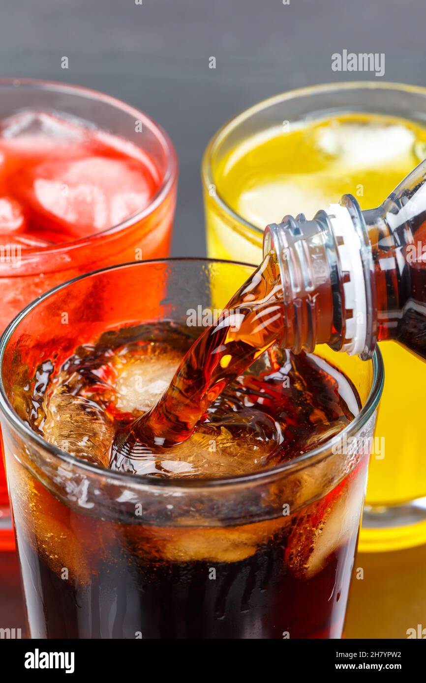 Pouring cola drink drinks lemonade softdrinks in a glass portrait format pour Stock Photo