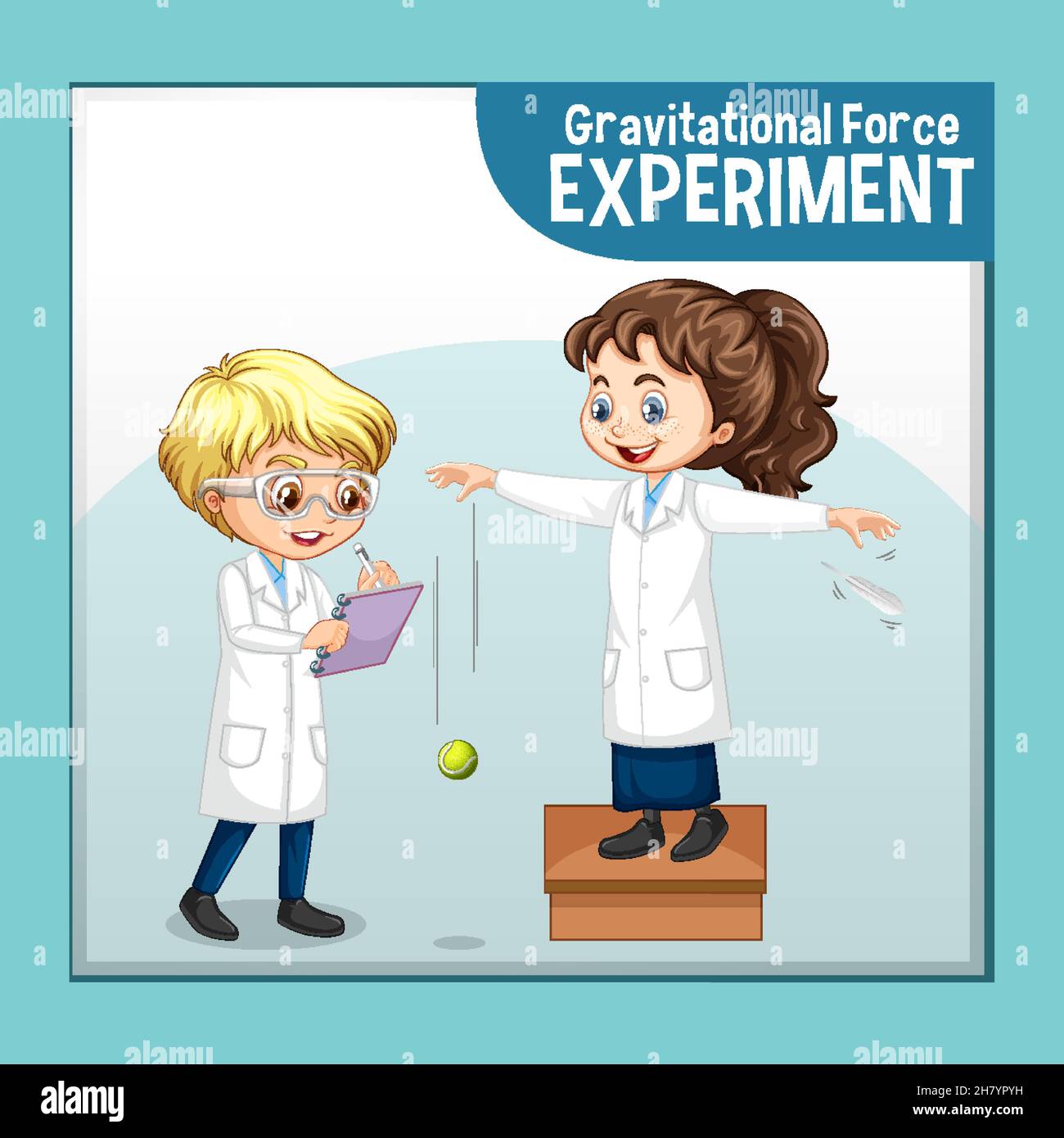 Gravitational force experiment with scientist kids cartoon character
