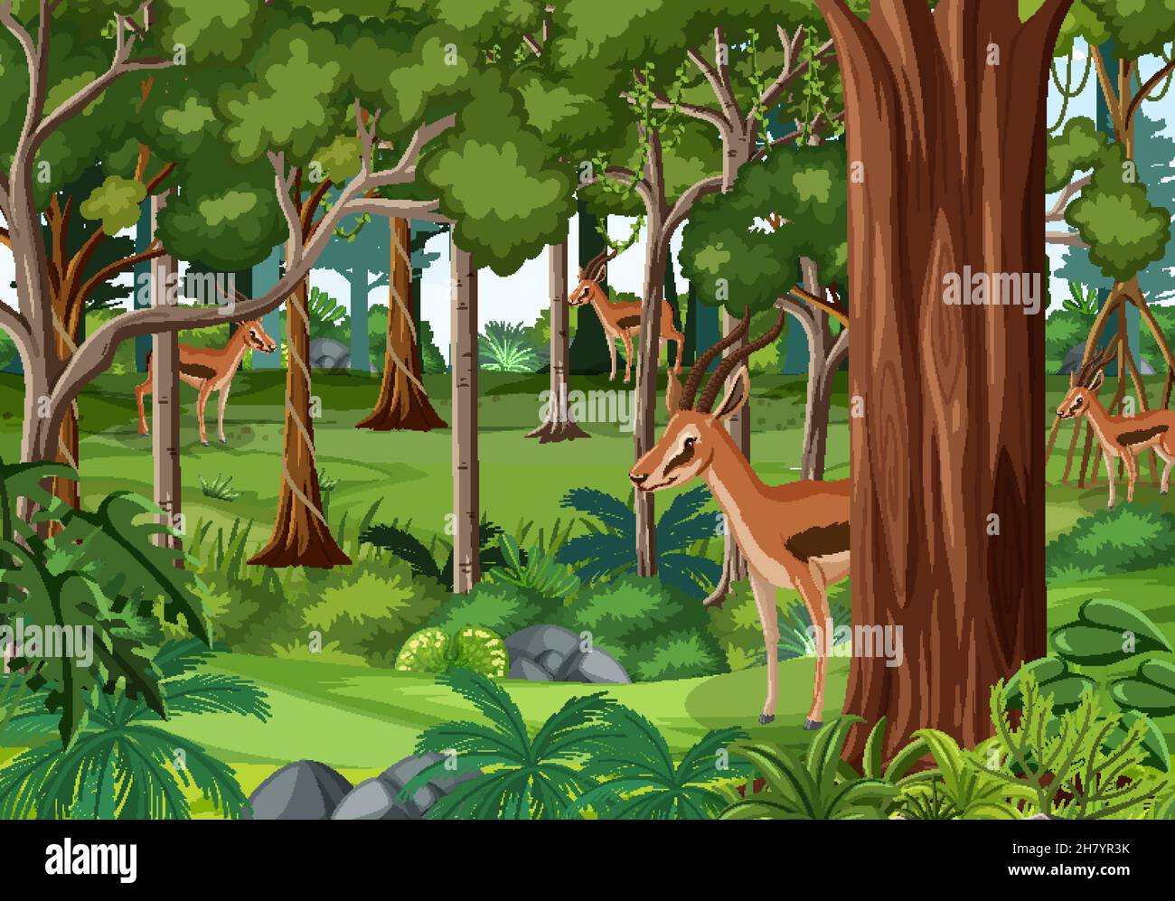Nature forest landscape background with many deers illustration Stock ...