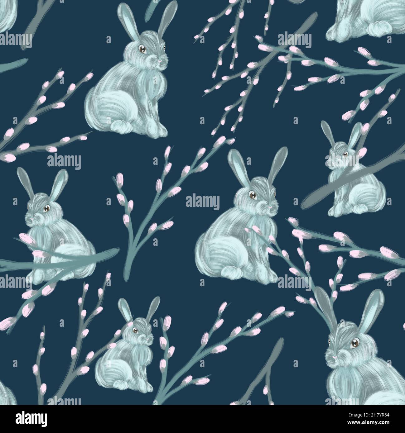 Cute seamless Easter pattern with bunnies and willow. Hand drawn background. Stock Photo