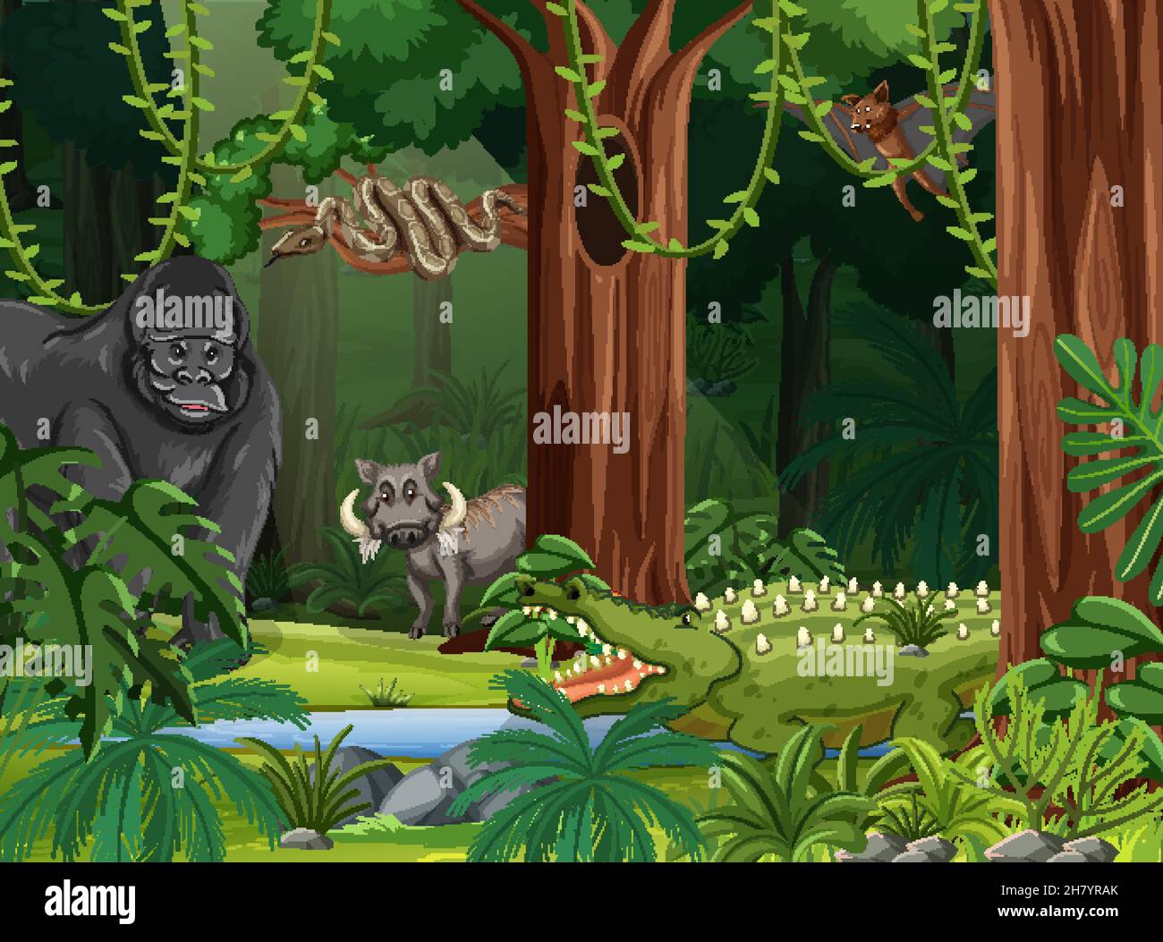 Wild animals in forest landscape background illustration Stock Vector ...