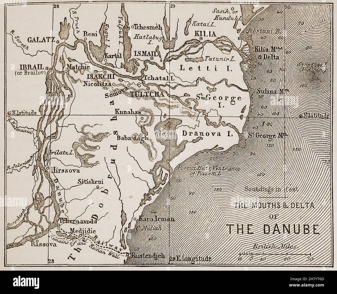 An 1896 map showing the mouths and delta of the Danube river,------Place names, rivers, Roman Wall and other features------------------Egy 1896-os térkép, amely a Duna torkolatát és deltáját mutatja. ----- Helységnevek, folyók, római fal és egyéb jellemzők Stock Photo