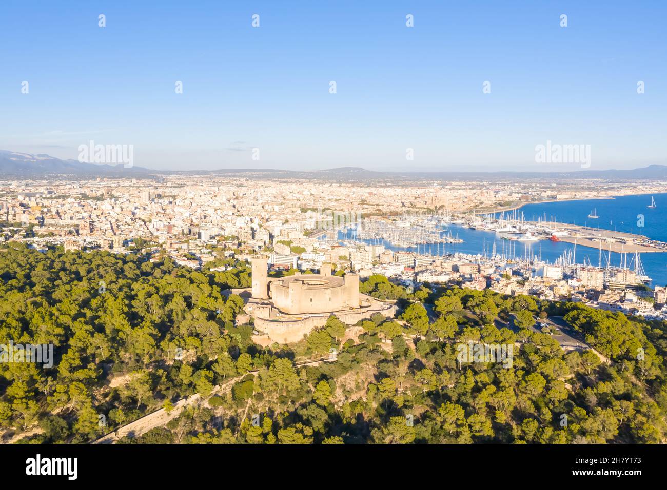 Castell de Bellver castle with Palma de Mallorca and harbor travel traveling holidays vacation aerial photo view in Spain Stock Photo