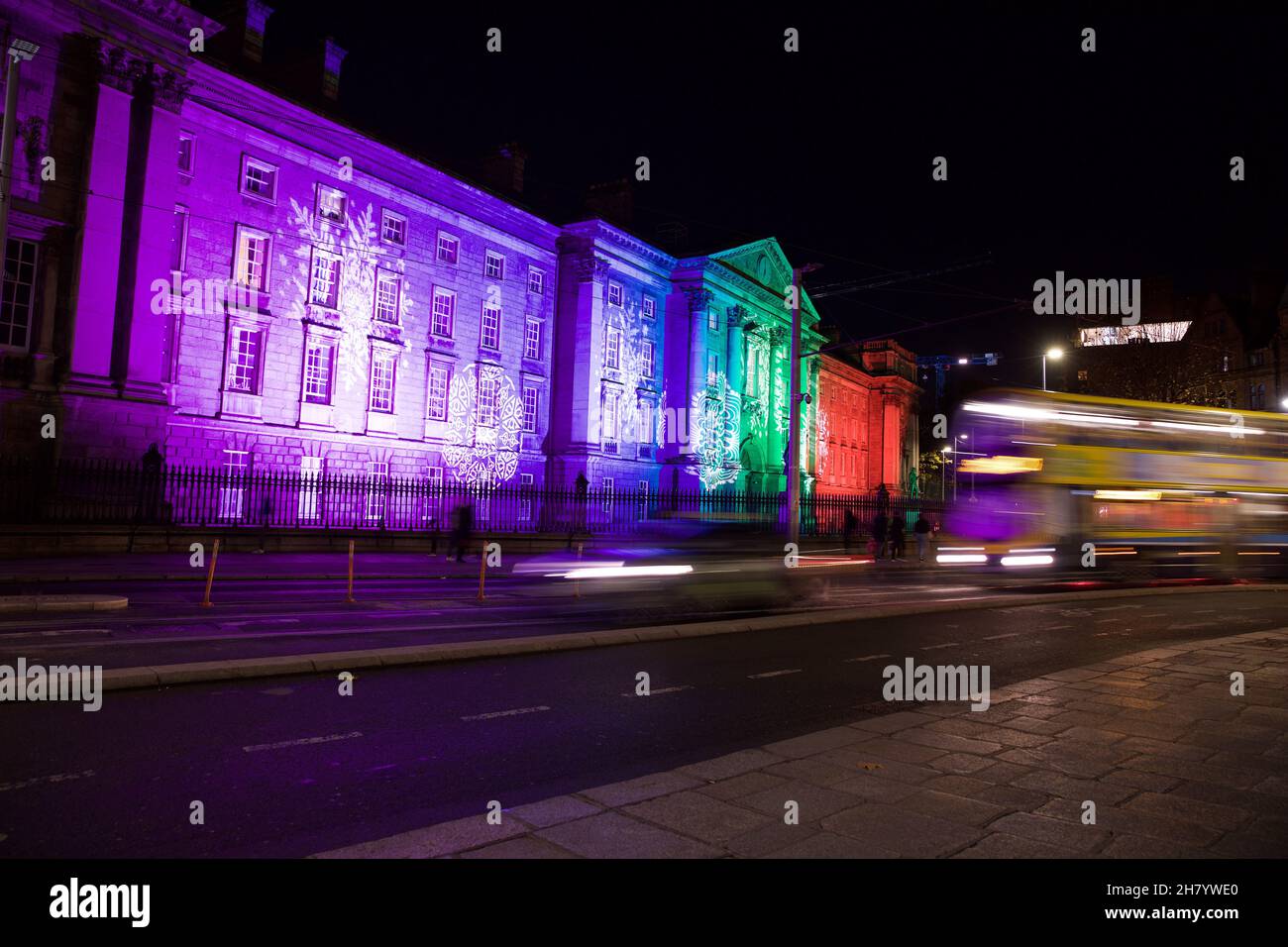 Dublin, Ireland - November 24, 2021: Trinity College Dublin on College Green illuminated with a festive Christmas light show. Stock Photo