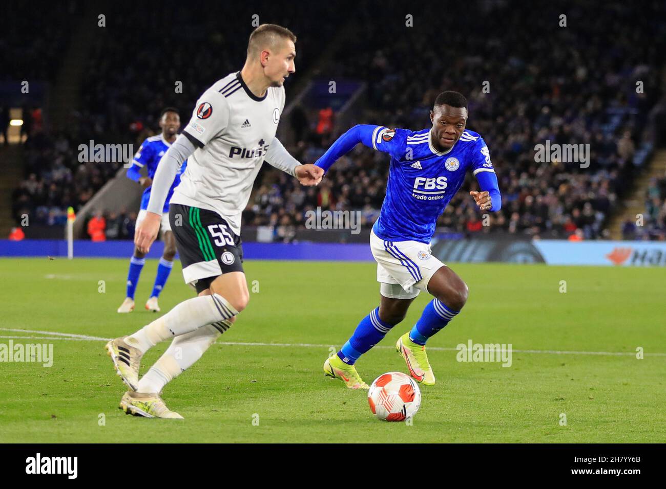 Leicester, UK. 25th Nov, 2021. Artur Jedrzejczyk #55 of Legia Warsaw is watched by Patson Daka #29 of Leicester City in Leicester, United Kingdom on 11/25/2021. (Photo by Conor Molloy/News Images/Sipa USA) Credit: Sipa USA/Alamy Live News Stock Photo
