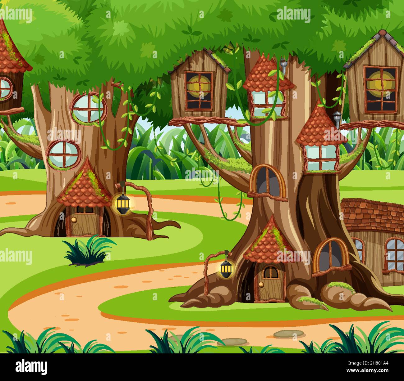 Fantasy forest scene with tree houses illustration Stock Vector Image ...