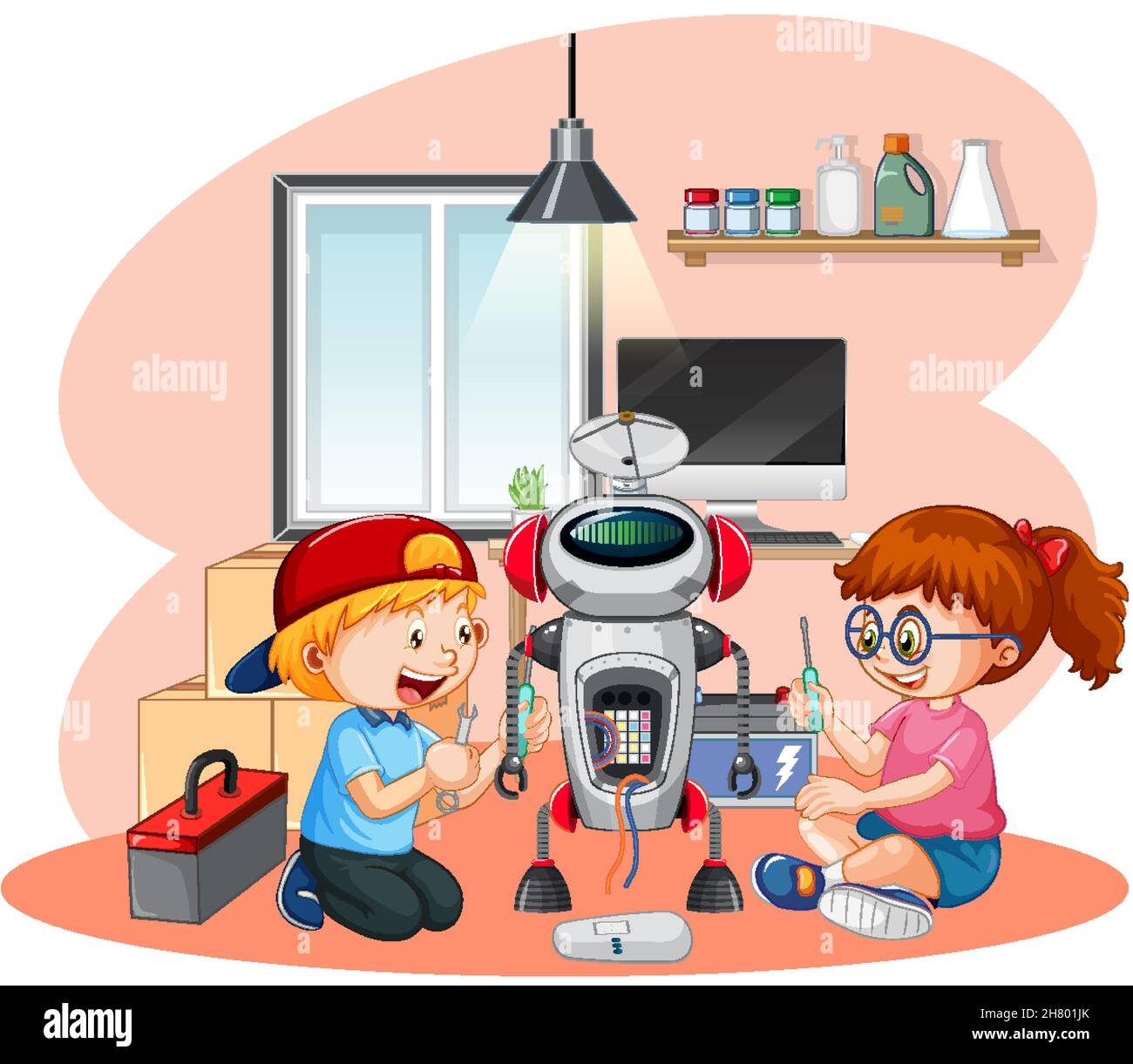 Children fixing a robot together illustration Stock Vector Image & Art ...