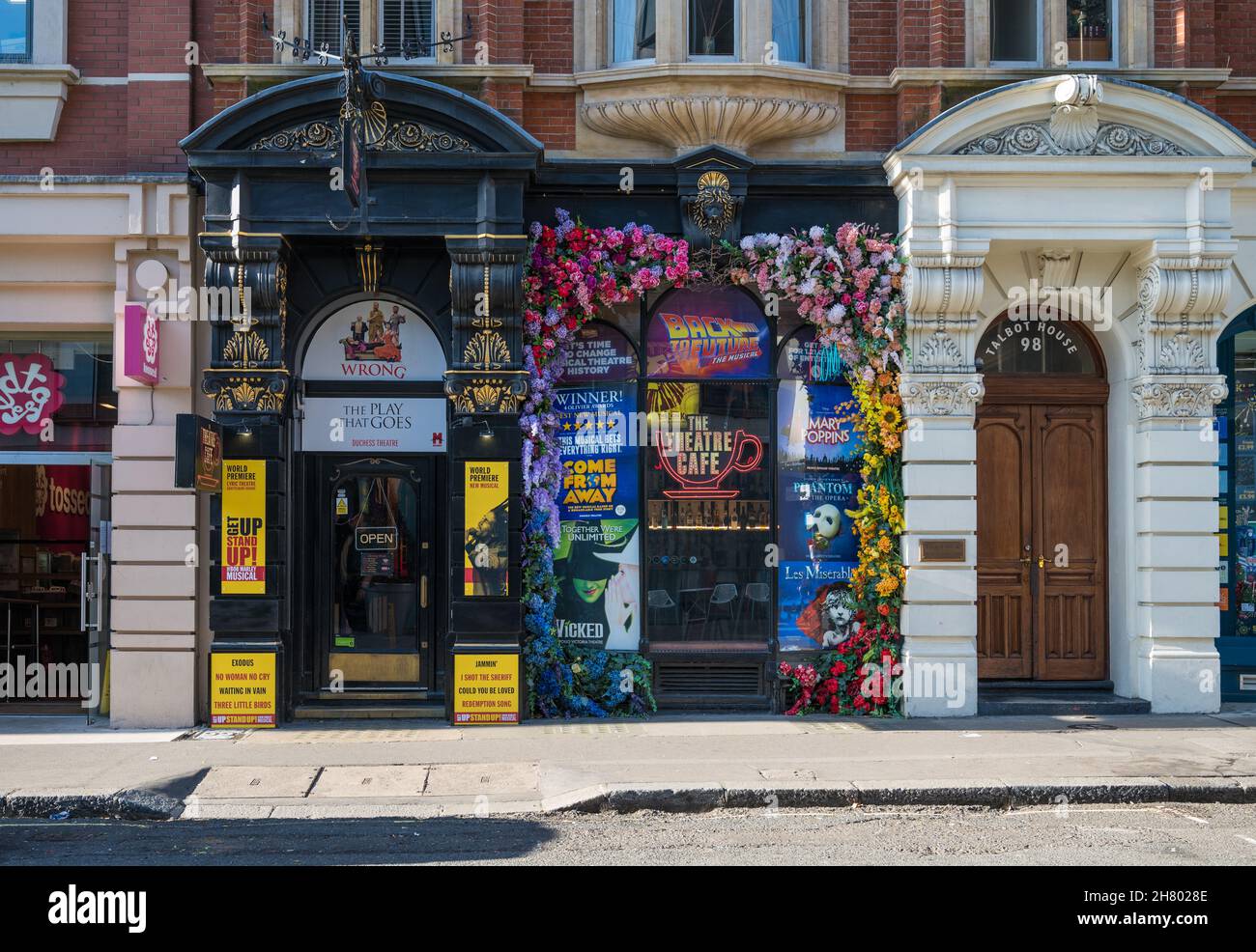 Colourful exterior of the Theatre Cafe in St. Martins Lane, Covent