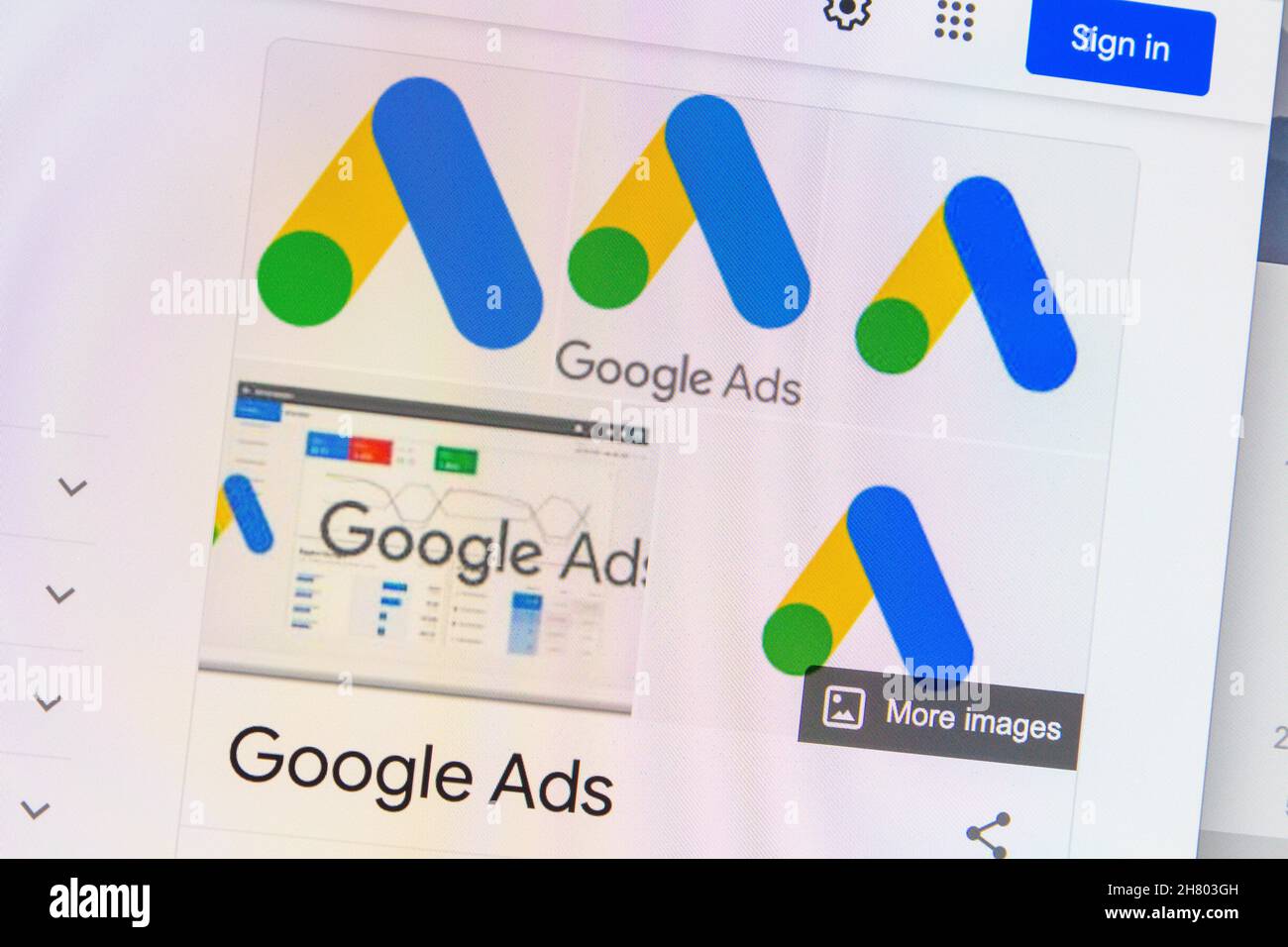 Google Ads logos in the sidebar of a Google Search page seen on computer screen in browser Stock Photo