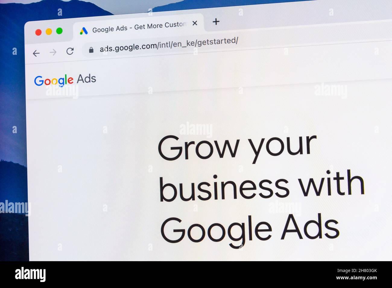 Close-up of Google Ads homepage seen on computer screen in browser Stock Photo