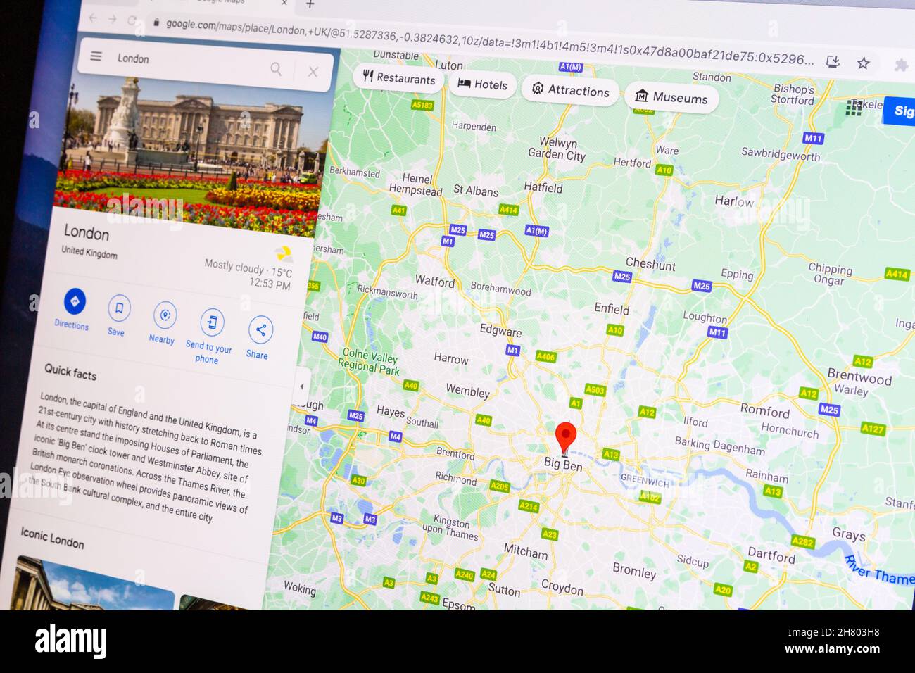 Map of London in Google Maps software seen on computer screen in ...