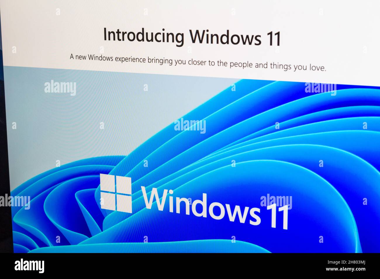 Introducing Microsoft Windows 11 homepage seen on computer screen in browser Stock Photo