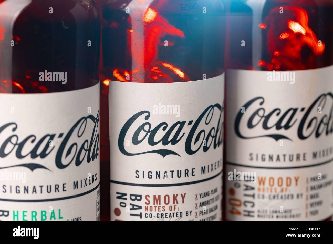 KRASNODAR, RUSSIA OCTOBER 12, 2020 Glass bottles of CocaCola