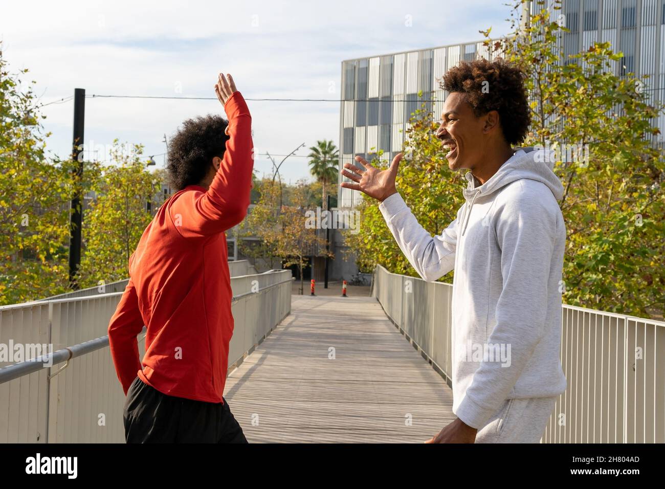 Side view of young cheerful black friends standing on wooden bridge and giving five to each other Stock Photo