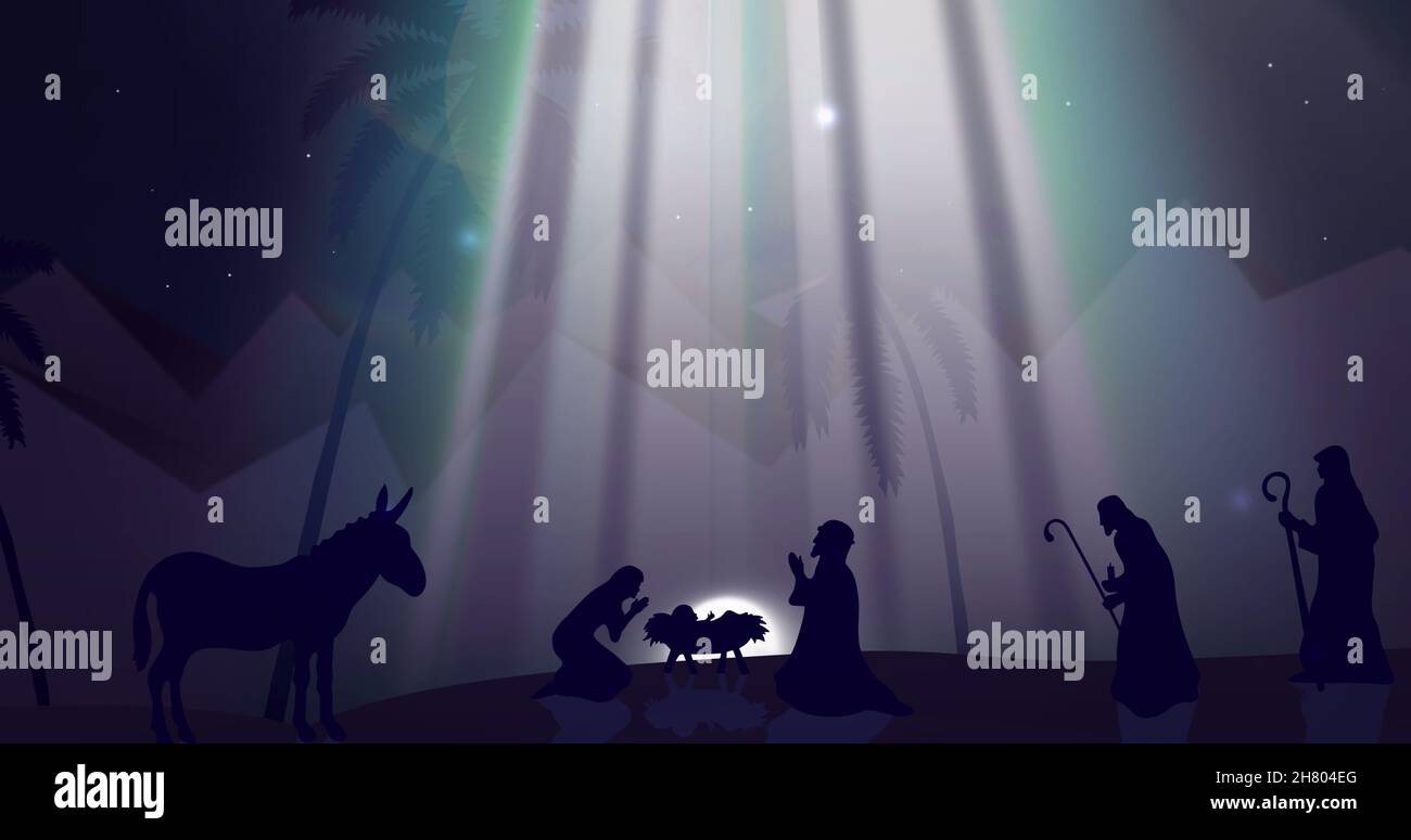 Image of nativity with glowing lights and floating spots Stock Photo ...