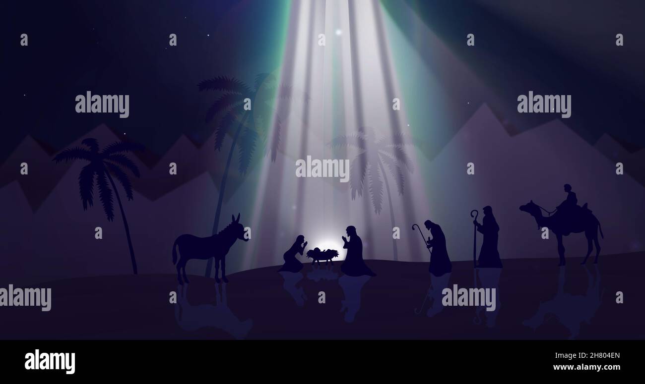 Image of nativity with glowing lights and floating spots Stock Photo ...