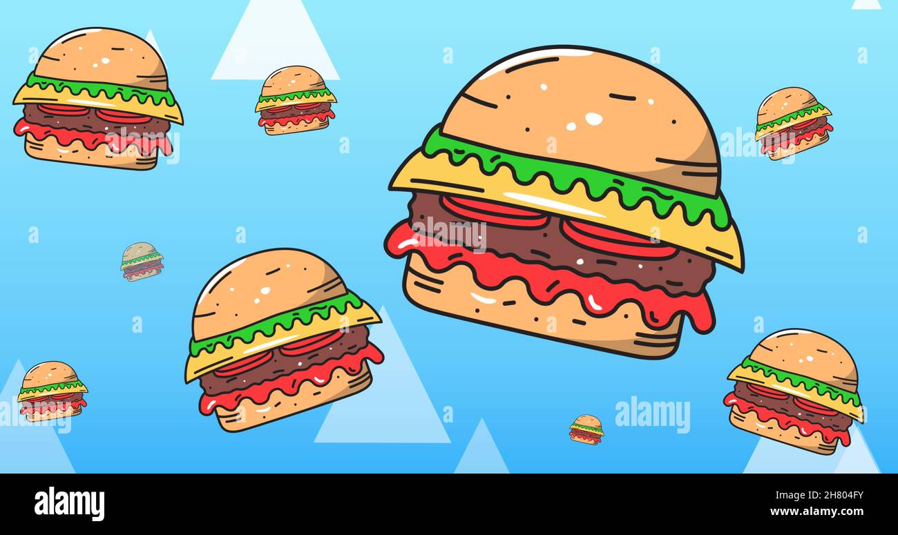 Image of cheeseburgers with rising white triangles on blue background ...