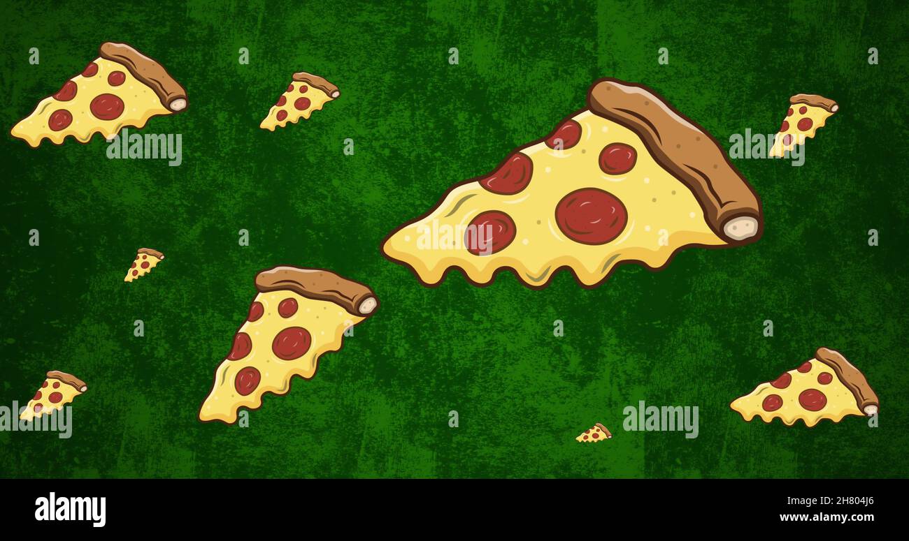 Image of pepperoni pizza slices on moving green smudged background Stock Photo