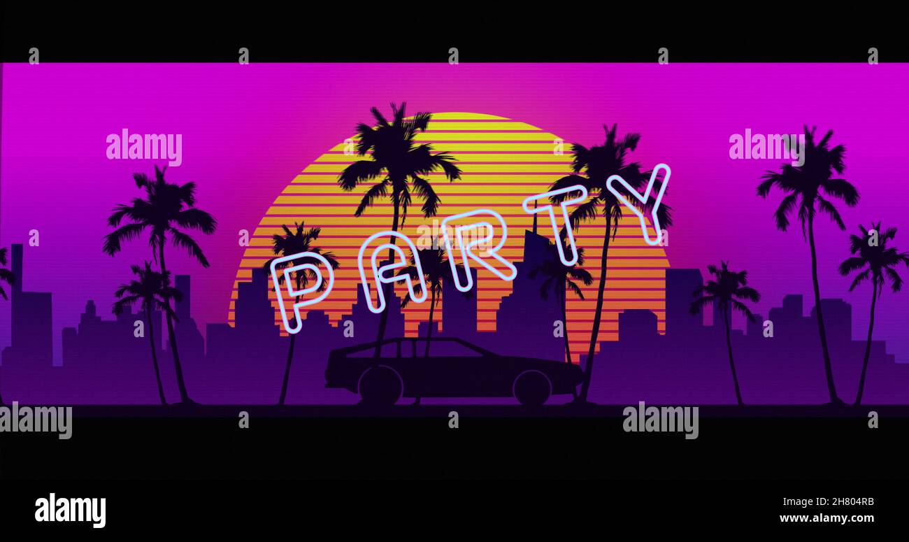 Image of party neon text over sunset and palm trees with cityscape Stock Photo