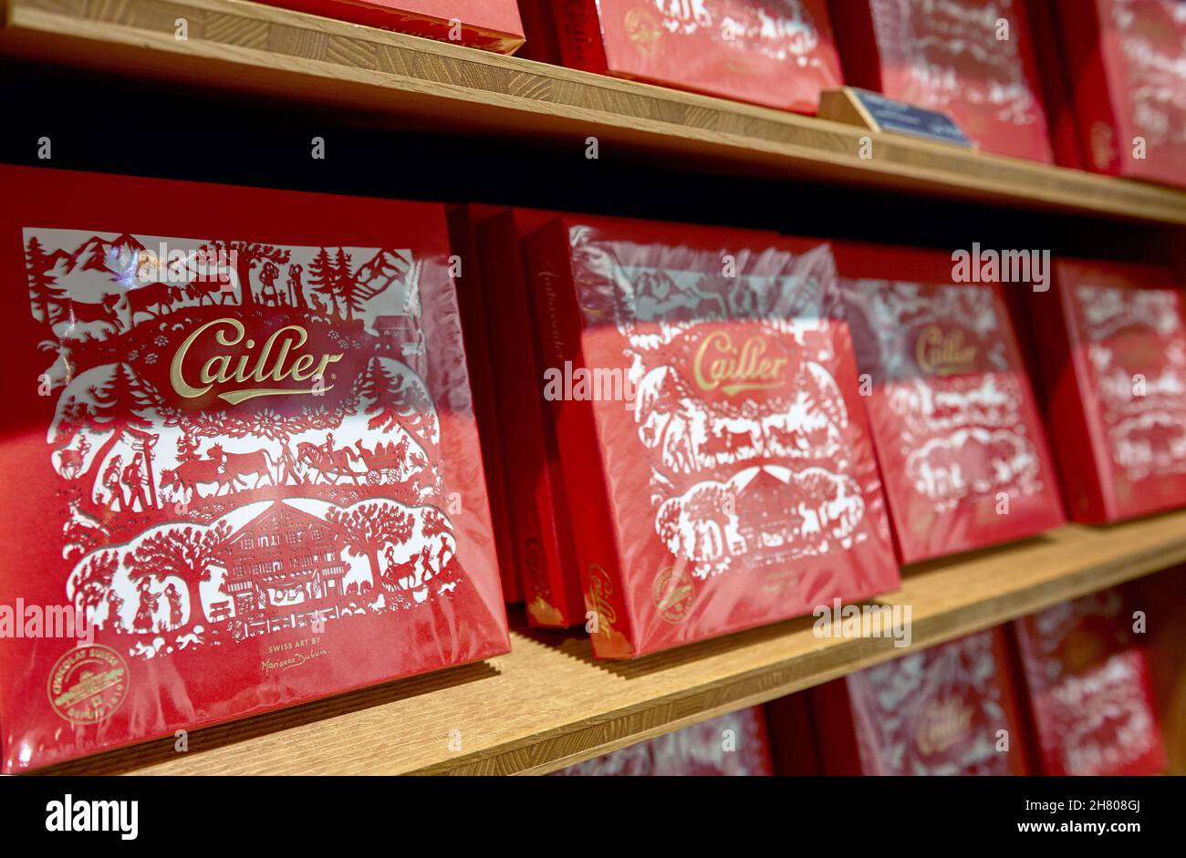 Famous chocolates in the factory shop of Cailler factory. Broc, Switzerland Stock Photo