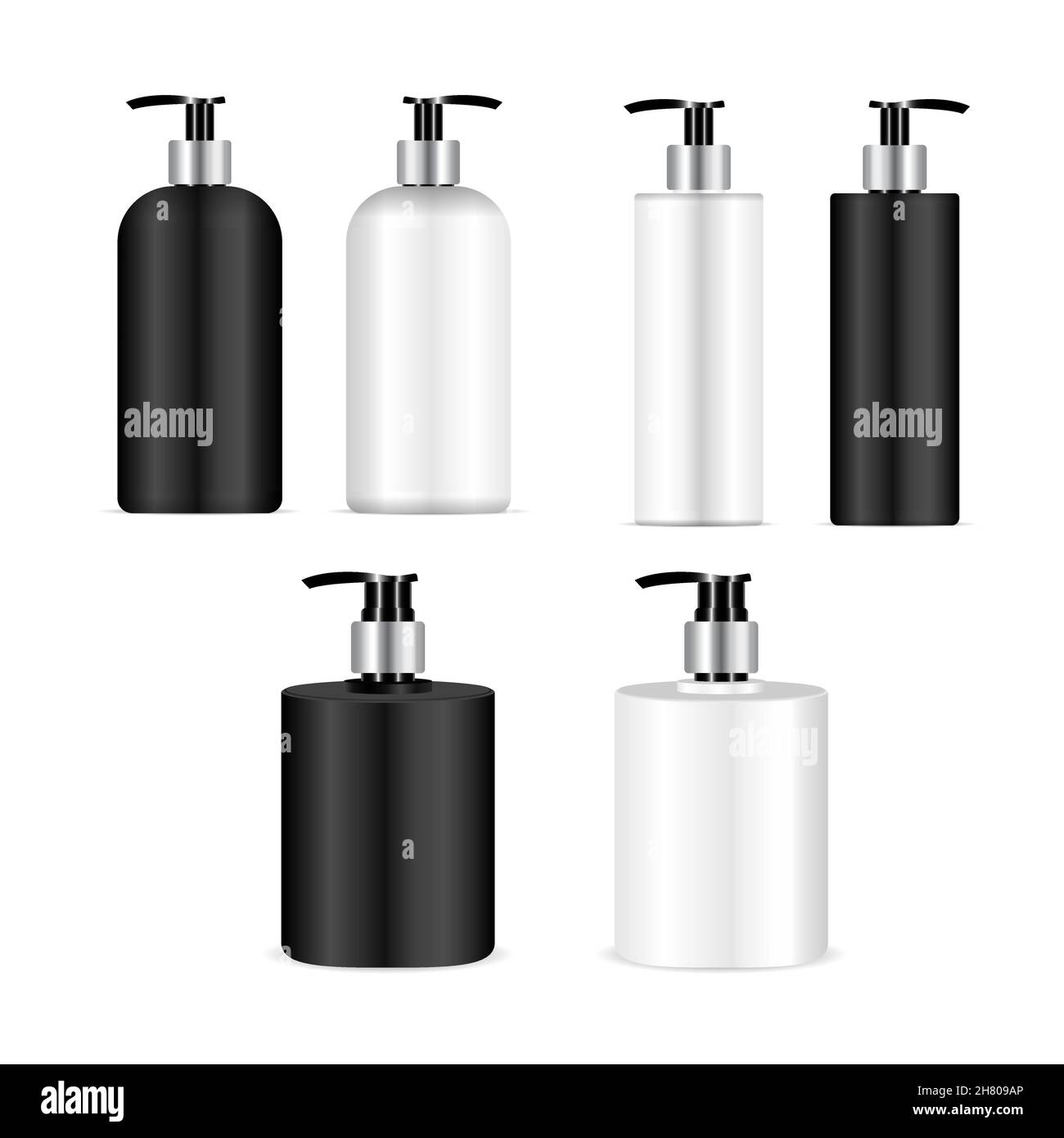 Black and white pump bottle, shampoo dispenser mockup. Liquid soap