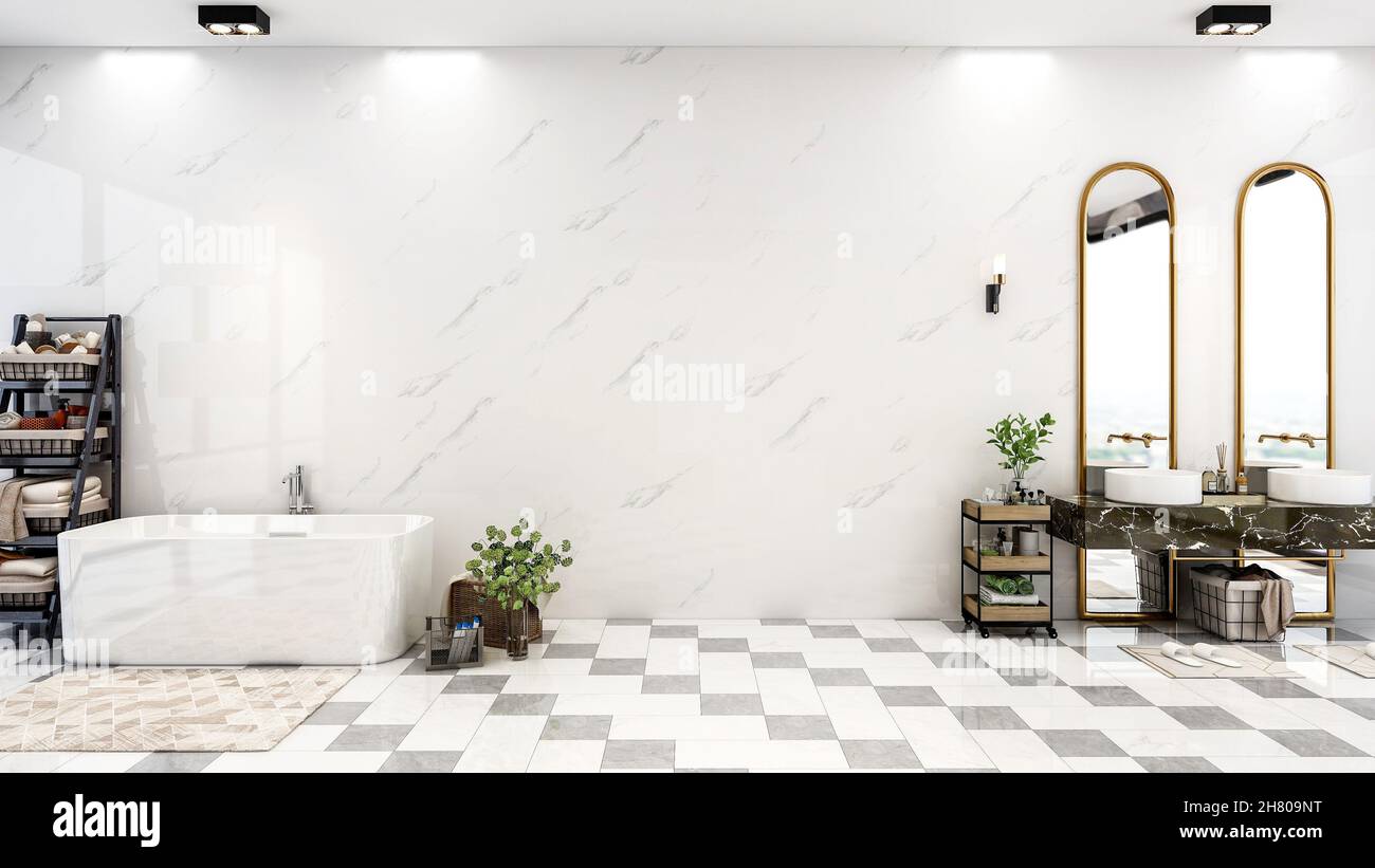 Modern and luxury bathroom interior with marble tiled floor and wall with bathtub and washbasin and copy space on wall, 3d rendering Stock Photo