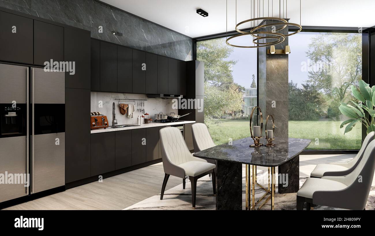 Black modern contemporary stylish kitchen room interior with luxury dining table and large window, 3d rendering Stock Photo