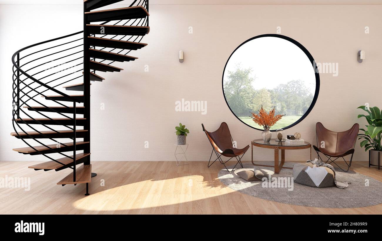 Modern and minimal stylish living room with furniture and large round window, 3d rendering Stock Photo