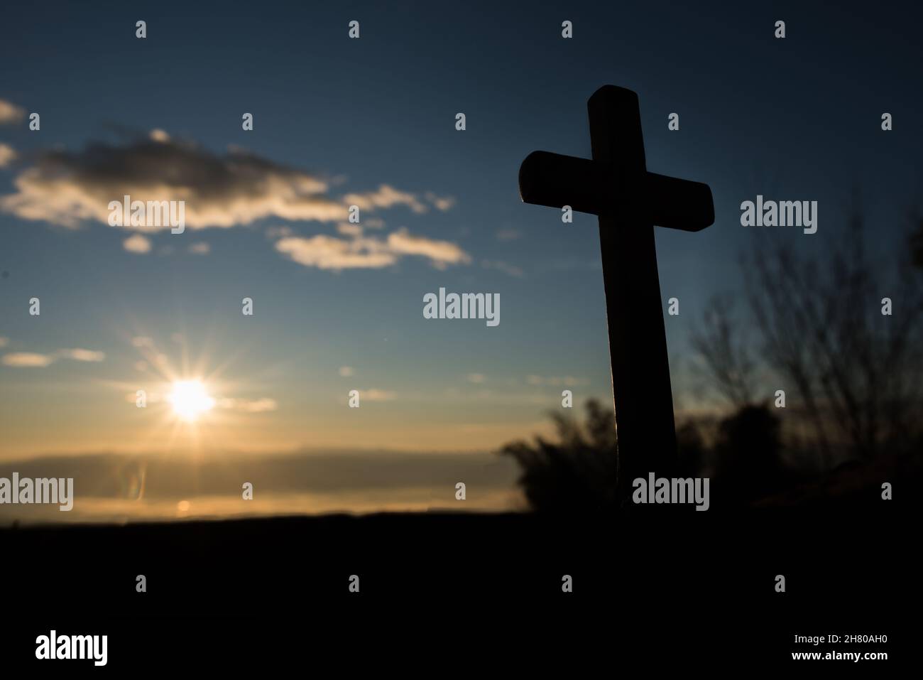 Silhouette of catholic cross and sunrise Stock Photo Alamy