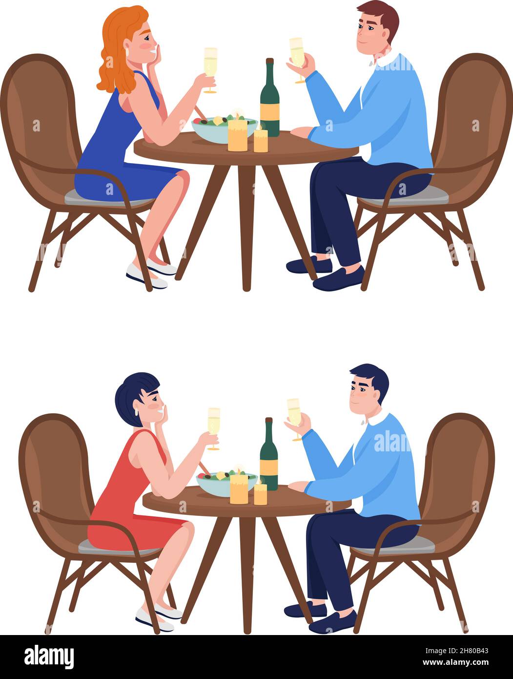 Couple at dinner semi flat color vector character set Stock Vector