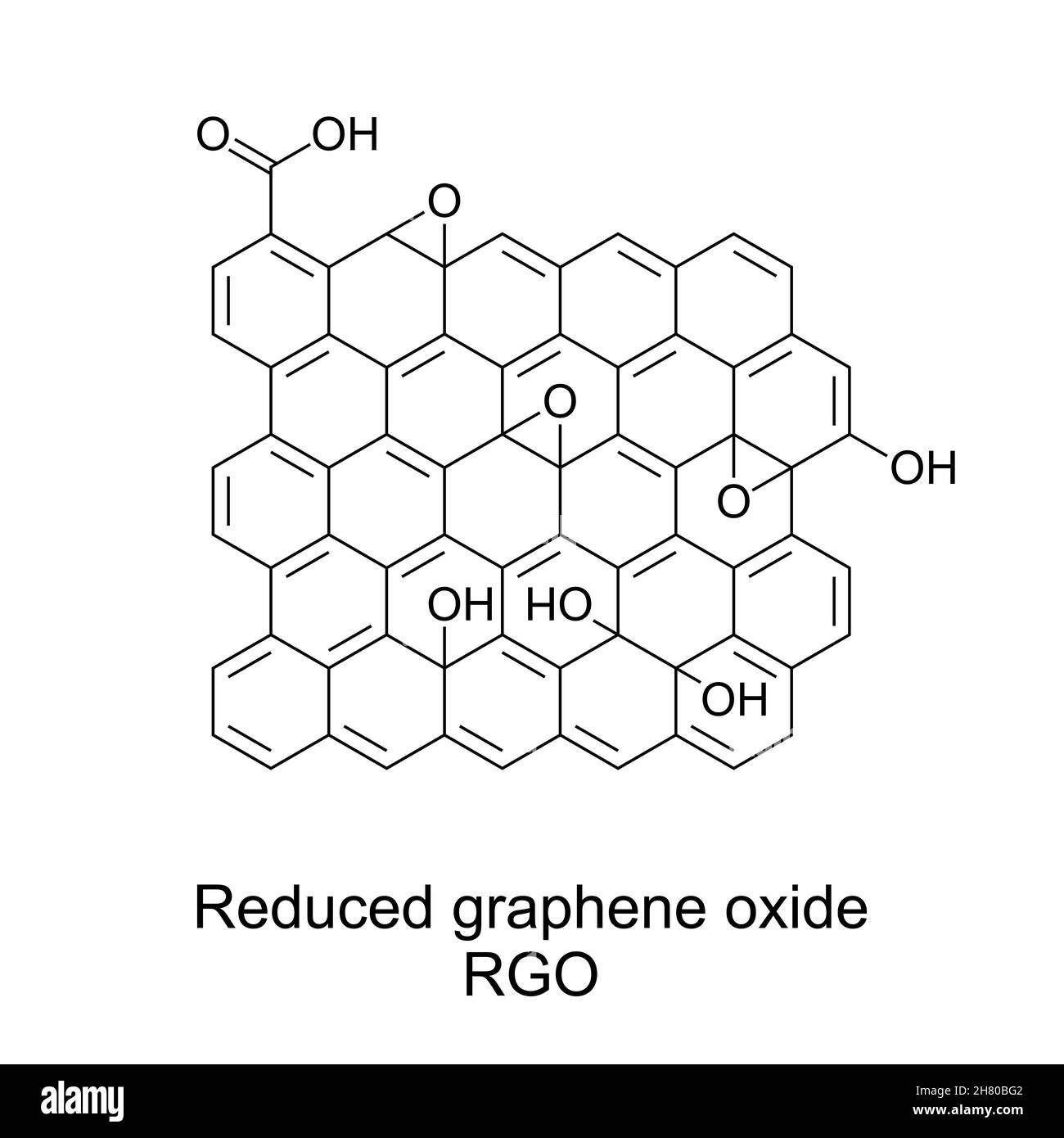 Reduced graphene oxide, RGO, chemical formula and structure. A nanomaterial, made by the reduction of graphene oxide. Single-atomic layered material. Stock Photo