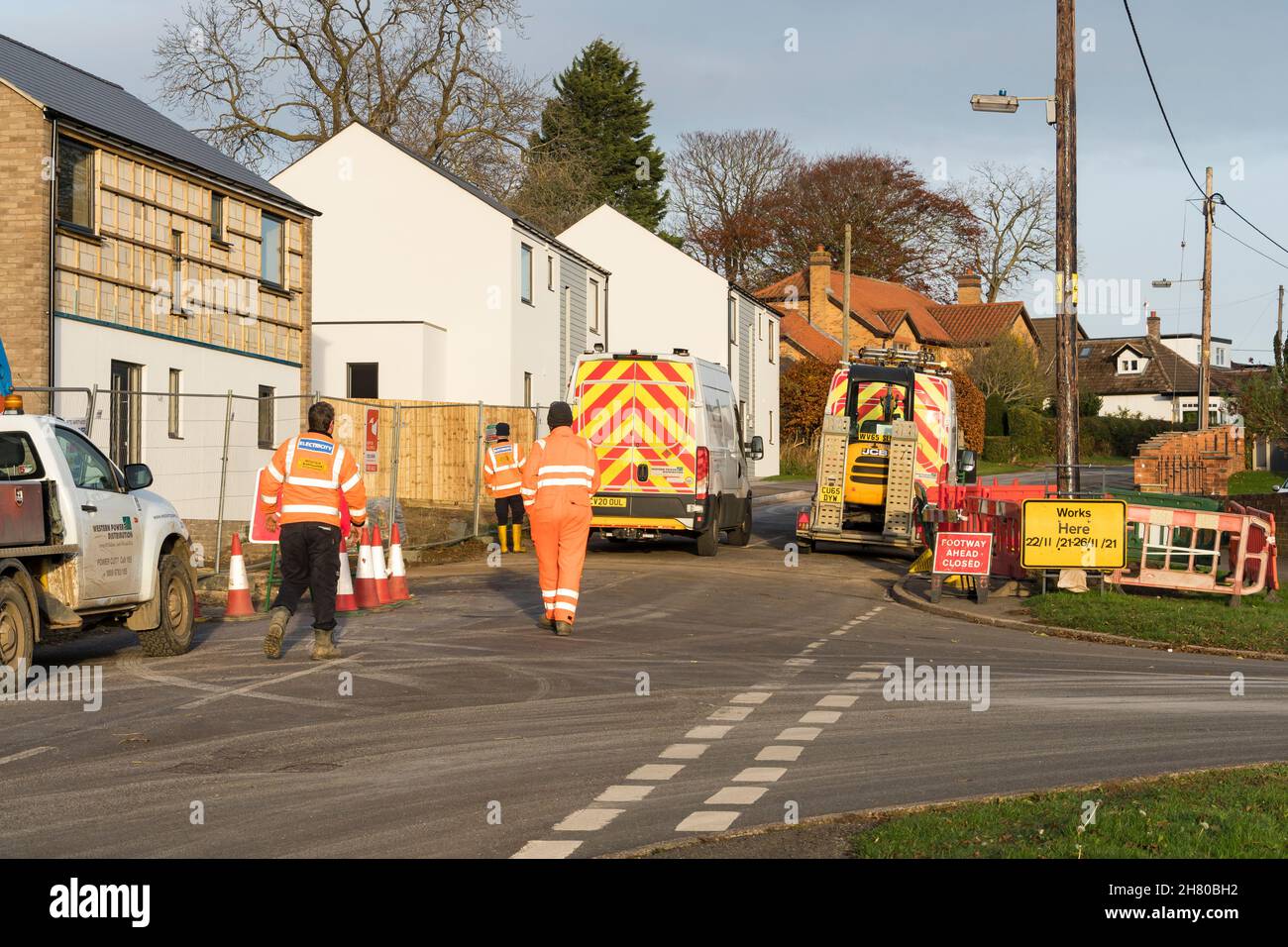 Road closure to carry out services supply to new houses Cherry Willingham 2021 Stock Photo