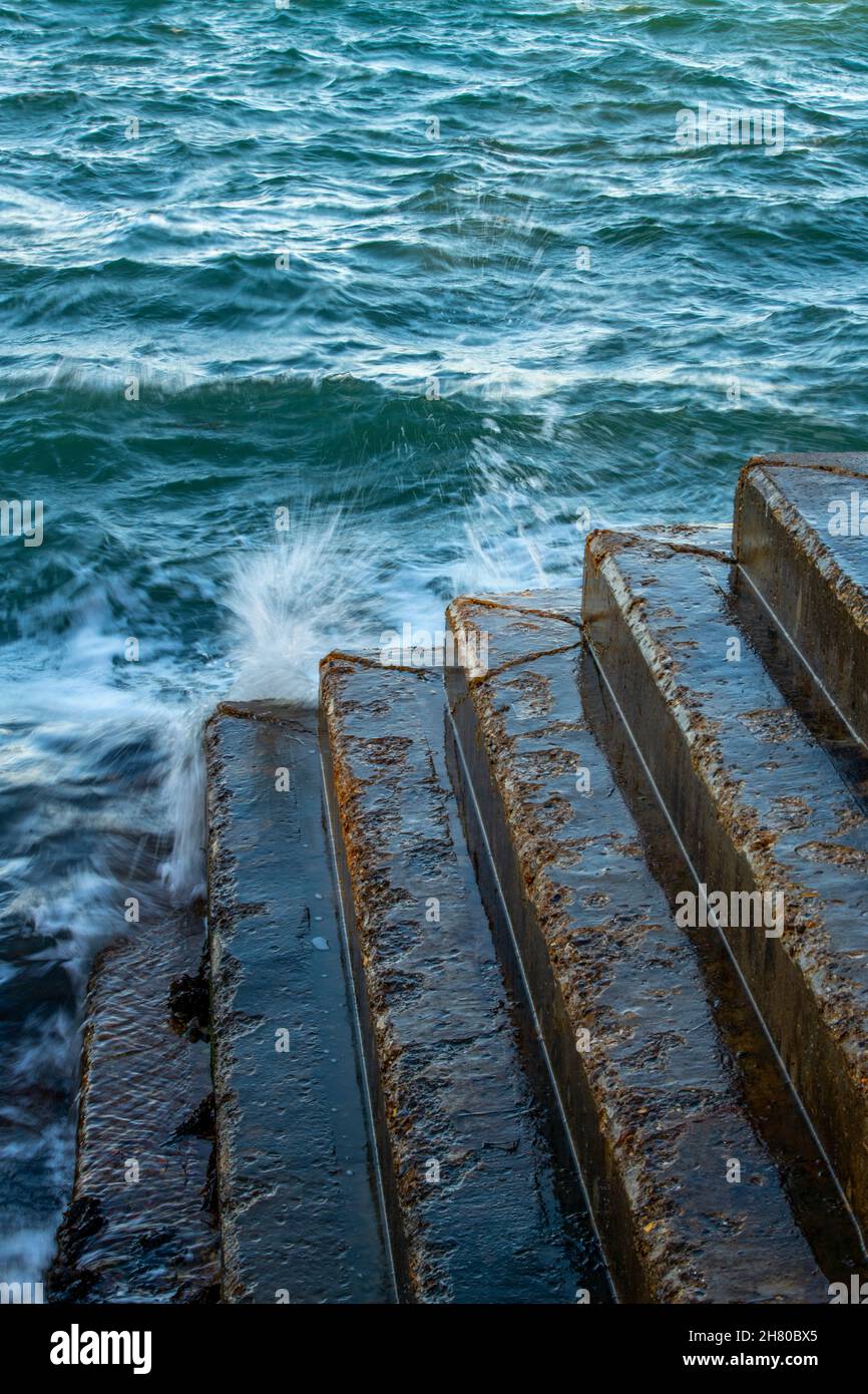 flight of stairs, flight of steps on sea wall, steps into the sea
