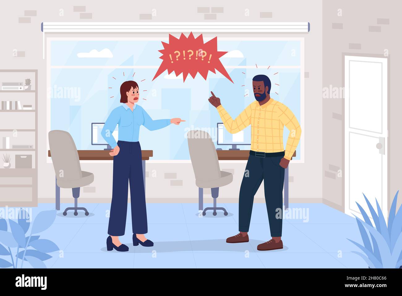 Arguing coworkers flat color vector illustration Stock Vector