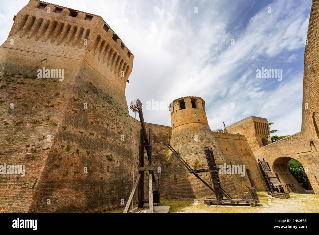 Mondavio, Pesaro e Urbino province, Marche, Italy: medieval city surrounded by walls. Medieval weapons Stock Photo