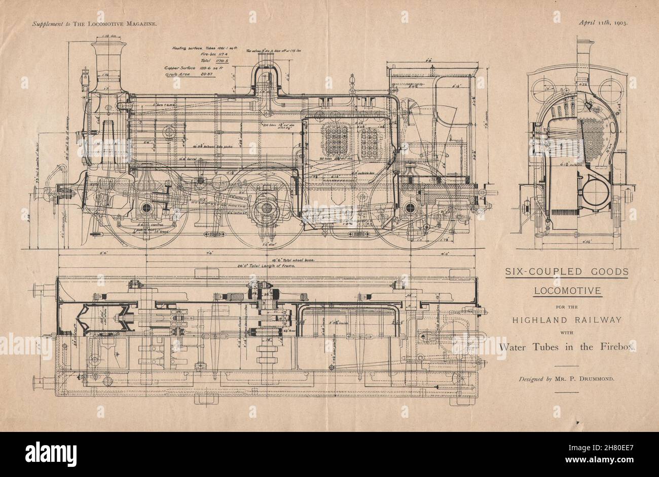 Six-coupled goods locomotive for the Highland Railway. Locomotive plan 1903 Stock Photo