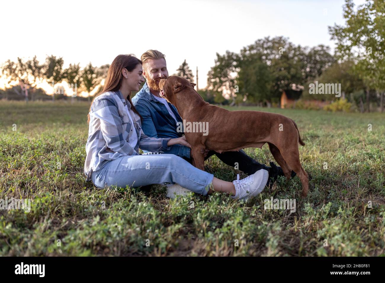 Cute young couple with a dog Stock Photo - Alamy