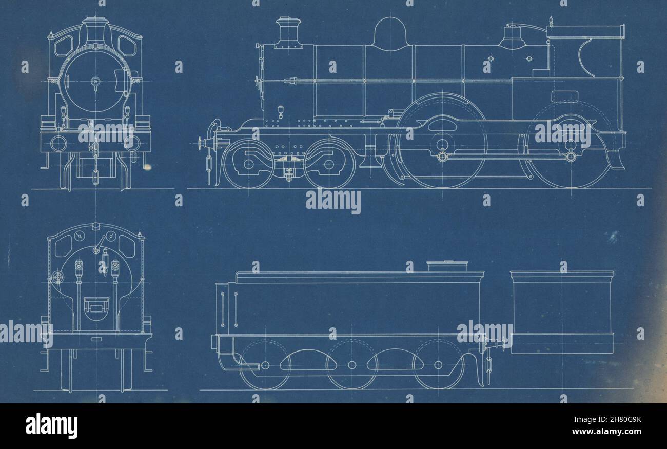 4-4-0 Locomotive section engineering drawing blueprint c1900 old antique Stock Photo