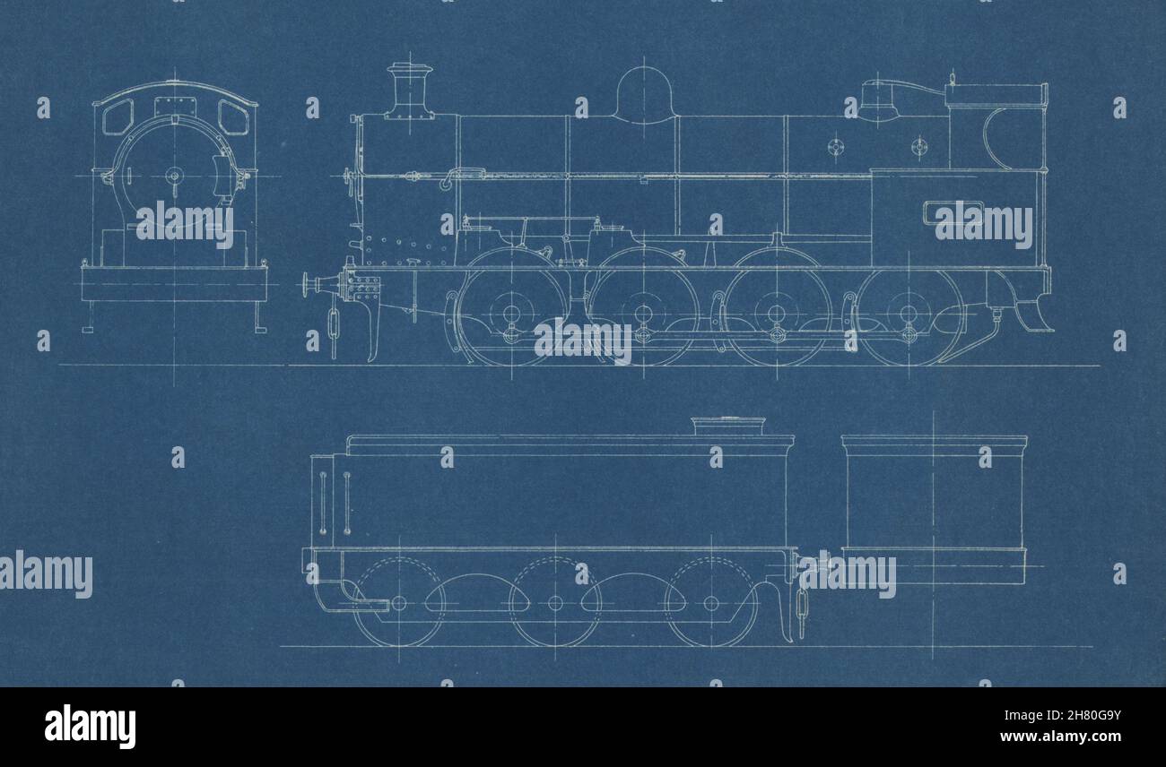 0-8-0 Locomotive section engineering drawing blueprint c1900 old antique Stock Photo