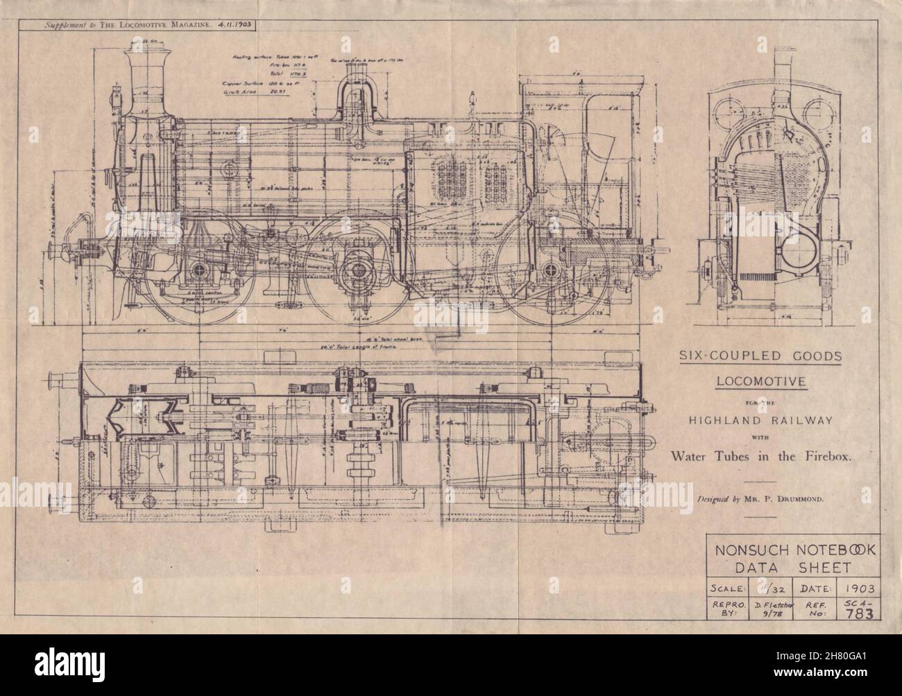 Highland Railway 6-coupled goods locomotive. Drummond. Engineering drawing 1903 Stock Photo