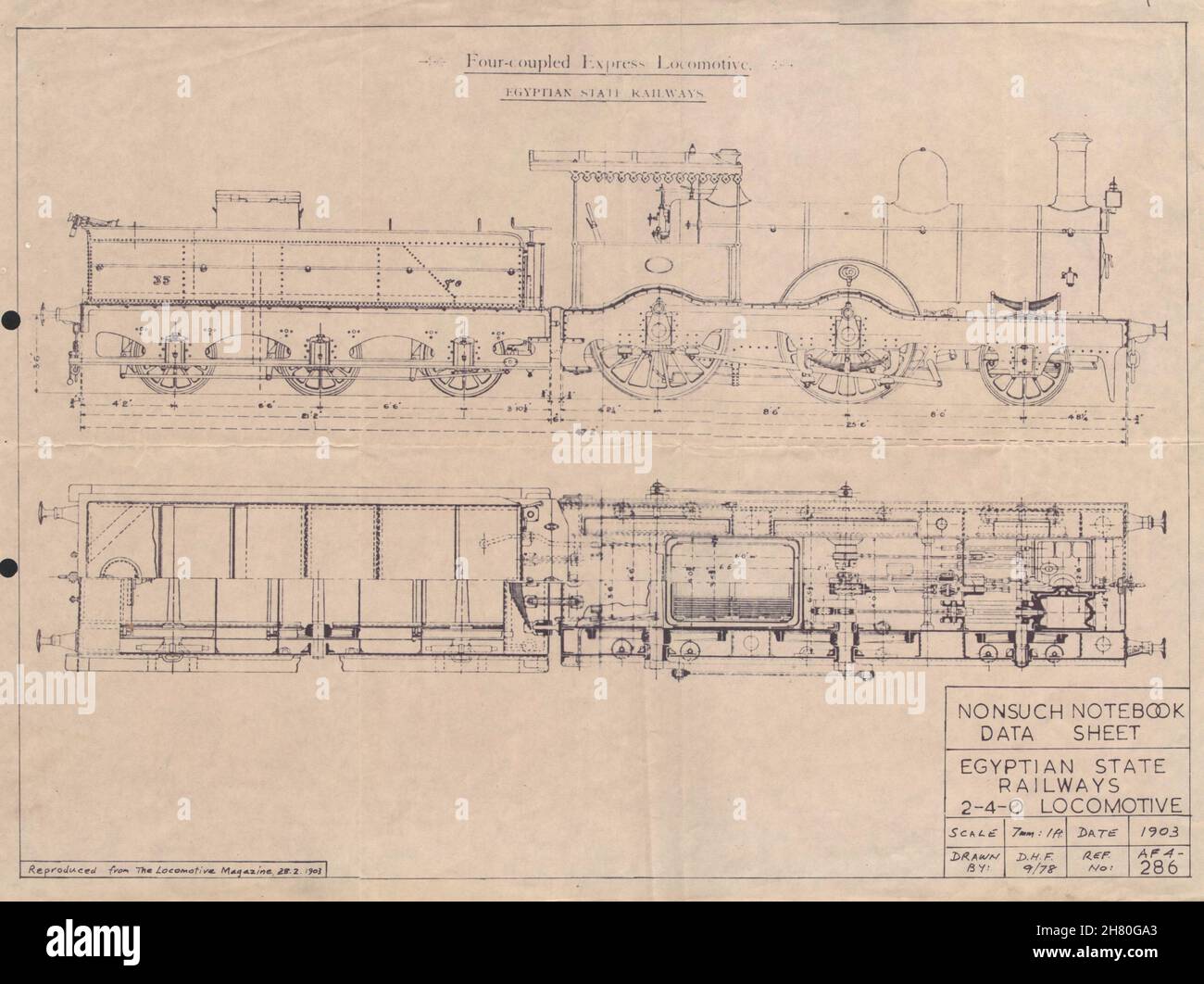 4-coupled Express Locomotive Egyptian State Railways 2-4-0 drawing 1903 print Stock Photo